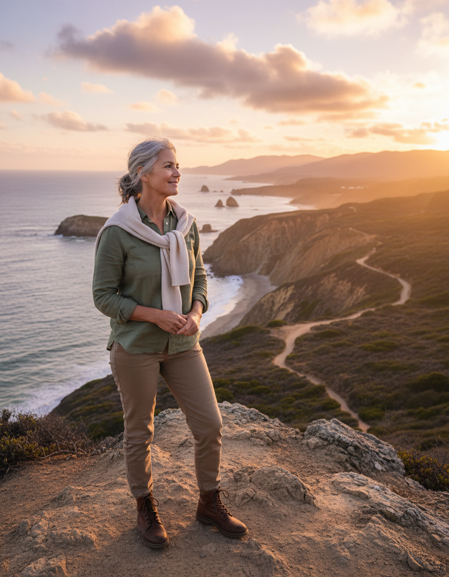The same woman traveling, at ease.