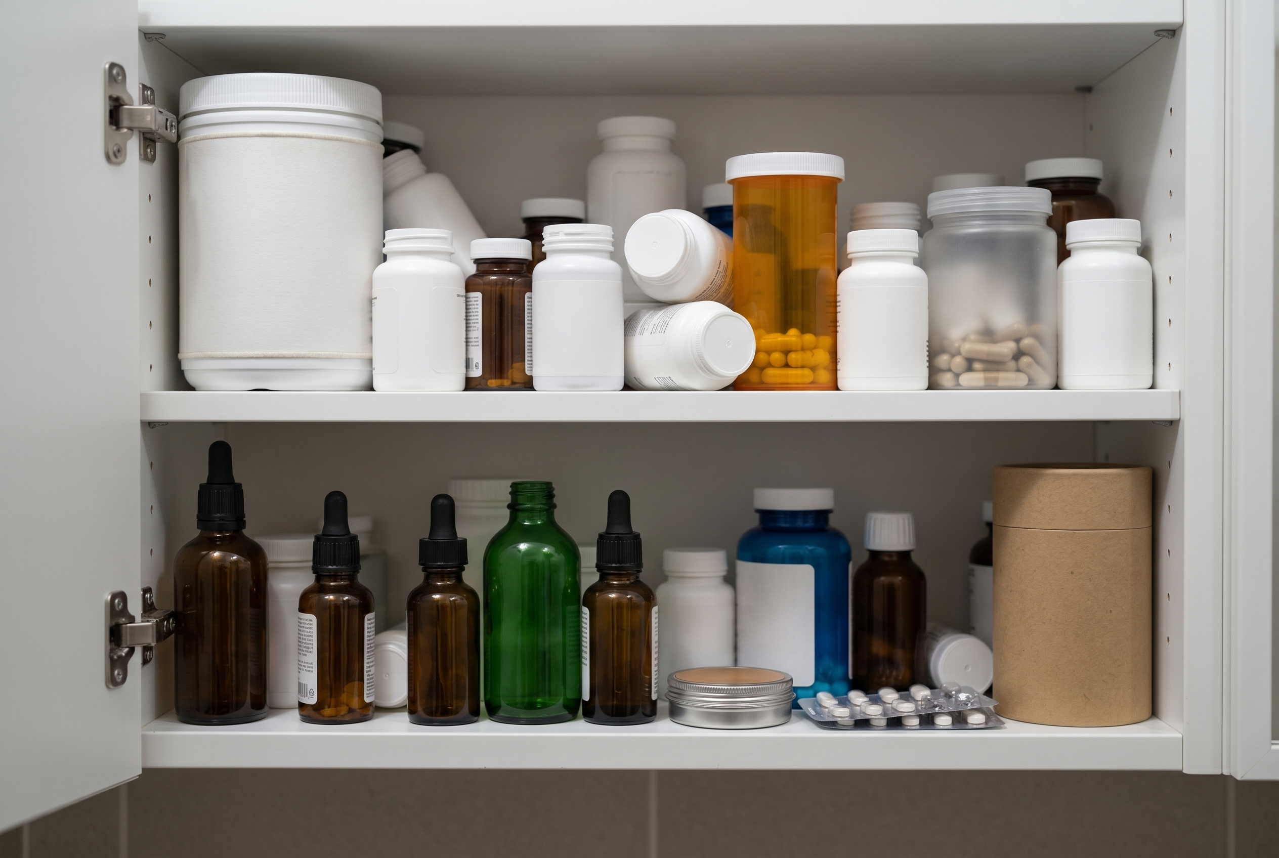 A cluttered shelf lined with half-empty supplement bottles: probiotics, fiber, enzymes, a prescription bottle.