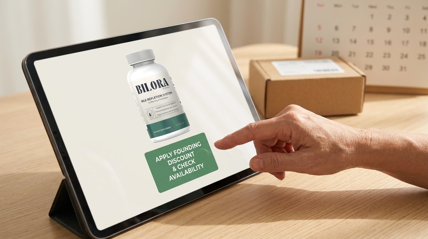 A woman's hand about to tap a green Apply Founding Discount and Check Availability button on a tablet showing the BILORA bottle, a shipping box blurred behind.
