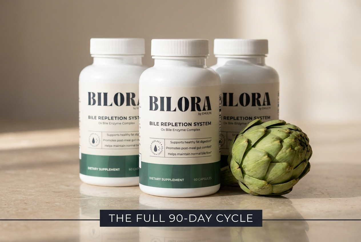 Three BILORA bottles grouped together with a fresh artichoke beside them, under a dark banner reading THE FULL 90-DAY CYCLE.