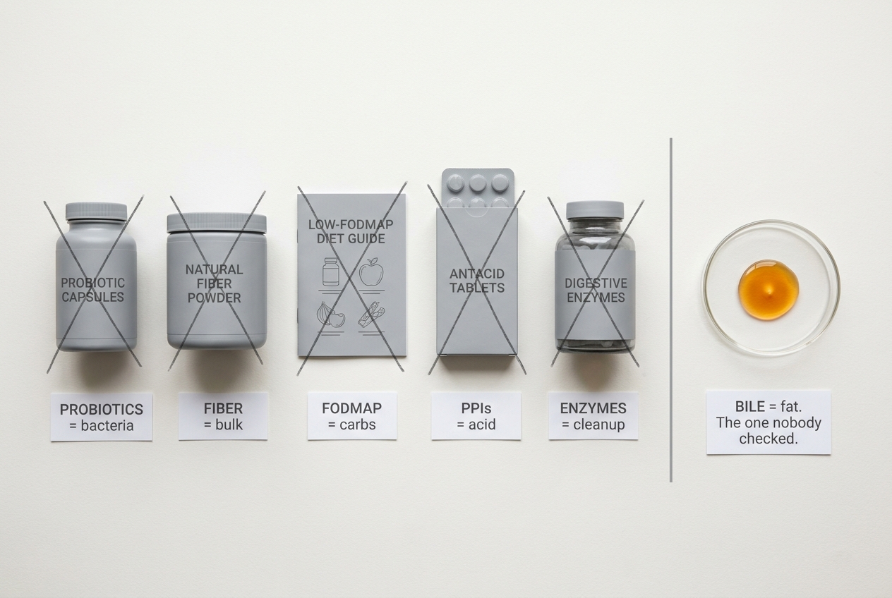 Five greyed-out, crossed-out digestive remedies (probiotics, fiber, FODMAP, PPIs, enzymes), each tagged with the wrong target it solves, beside a single glowing amber drop of bile tagged the one nobody checked.